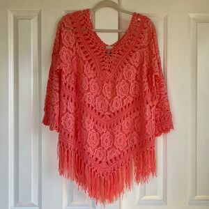 Coral Lace Bohemian Festival Gypsy Crochet Fringe V Neck Tunic Top  Free Size